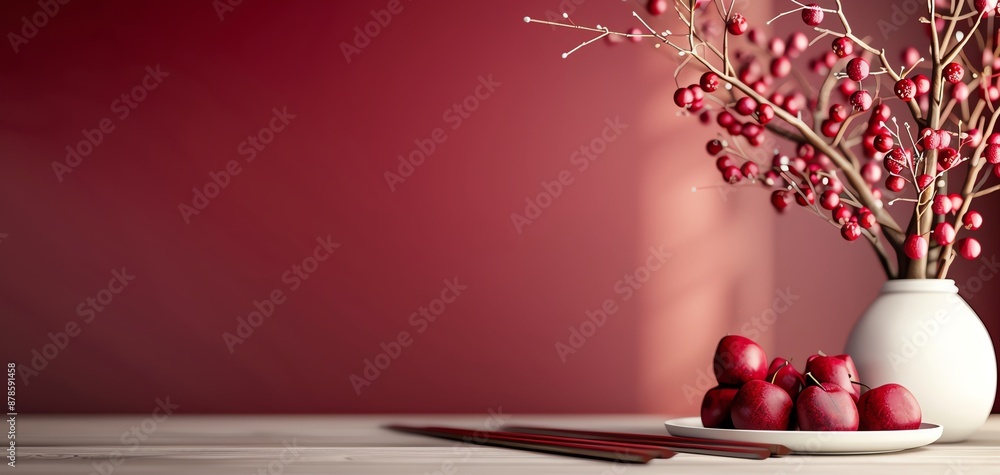 Poster Elegant still life with red apples and a white vase with branches of berries against a red background, perfect for autumn and home decor themes.