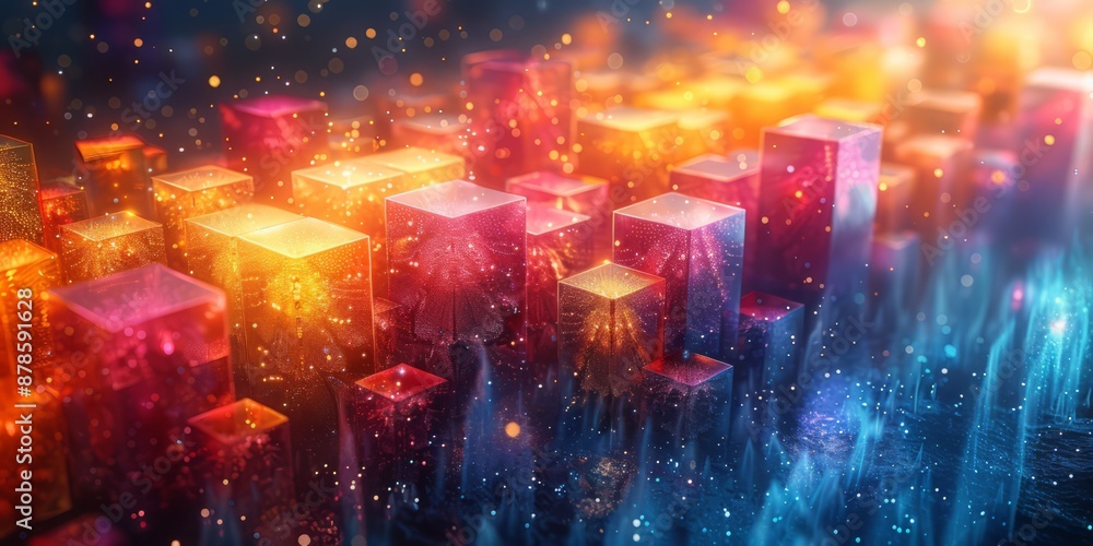 Poster abstract close-up of illuminated multicolored glass cubes with bokeh lights