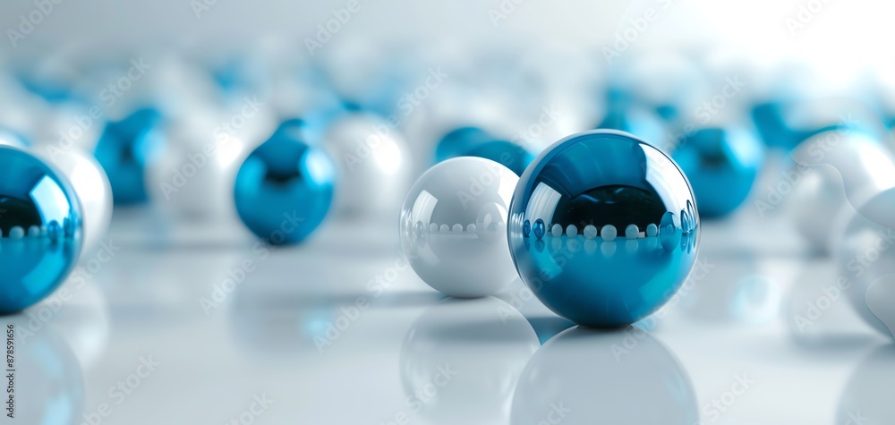 Aufkleber close-up of blue and white glossy spheres on a reflective surface, creating a modern and abstract co