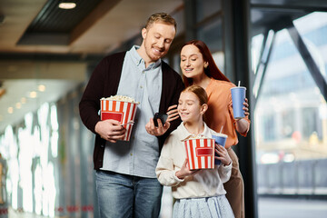 A joyful family at the cinema, holding popcorn bags together.