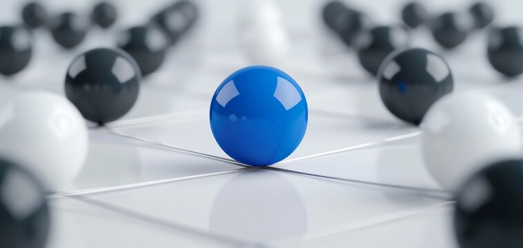 Close-up of a single blue sphere surrounded by black and white spheres on a grid, representing uniqueness and individuality.