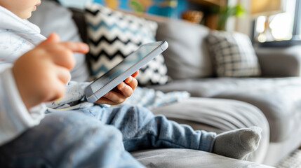 Fototapeta premium little child holding a smartphone on the couch - concept of screen time on child and use of mobile phones in childhood