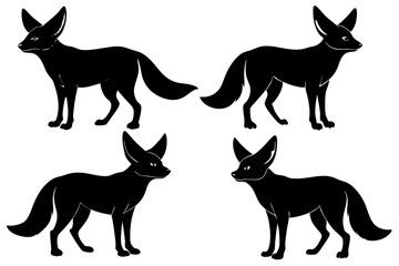 A Set of Highly detailed 4 Silhouette fennec fox vector art illustration