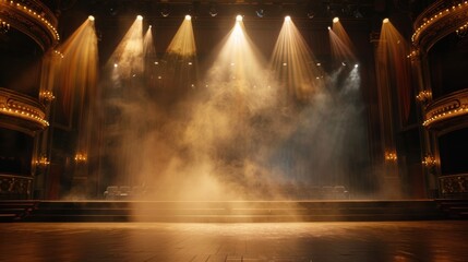 Fototapeta premium Empty Theater Stage Illuminated by Spotlights and Smoke - Dramatic Atmosphere of Anticipation Before Performance with Curtain Wall