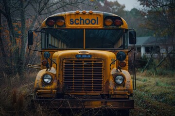 an old school bus parked in the woods