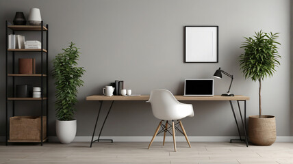 Modern workplace in room decorated with green potted plants. Home design, copy space