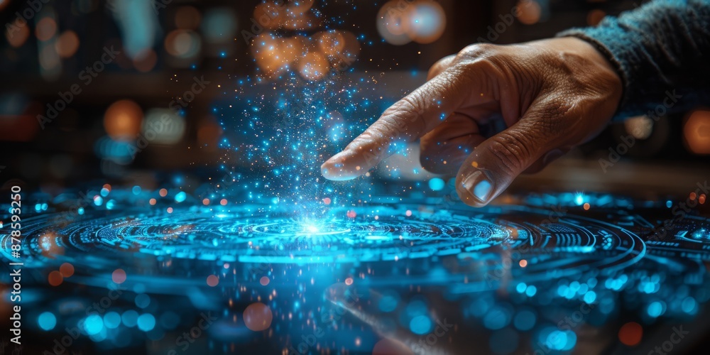 Poster hand interacting with a holographic digital interface with blue lights and data visualization
