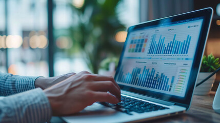 A data analyst comparing year-over-year sales data on a laptop.