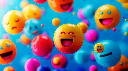 Colorful 3D emoji spheres floating in a vibrant blue background, depicting various emotions.