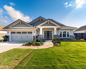Newly constructed stylish Craftsman home in soft coral, with a large garage and a neat front yard