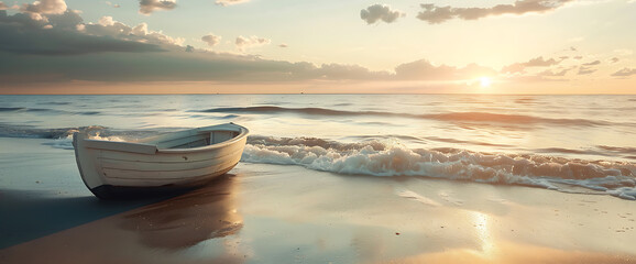 A small white boat sits on a sandy beach at sunrise. Gentle waves lap the shore.
