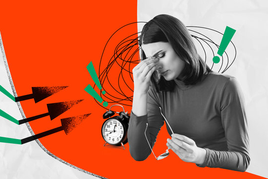 Trend artwork 3D image photo collage of trader business stats graphics sad face emoji lady tired burnout clock time deadline arrow alert