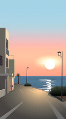 Peaceful sunset over the ocean with warm pink and blue tones, perfect for travel and vacation designs. 
