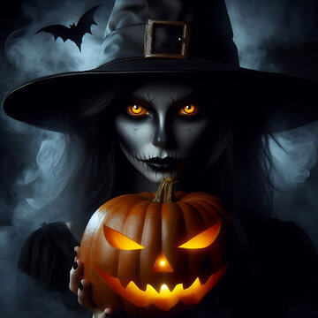 Bruxa malvada assustadora com olhos laranja usando um chap&eacute;u de bruxa, ab&oacute;bora esculpida, fundo escuro, olhos amarelos brilhantes, realista, assustador, esfuma&ccedil;ado, com tema de Halloween