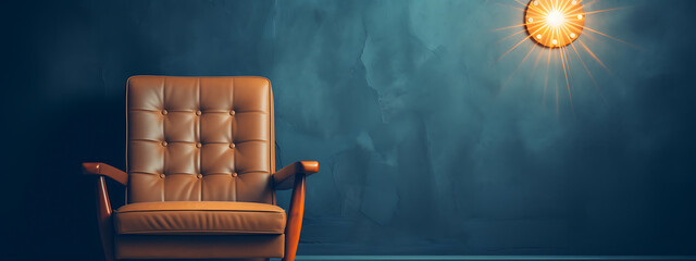 A tan leather armchair sits against a dark teal wall.