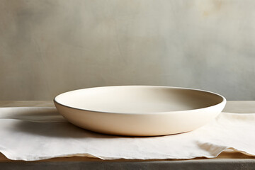 A light beige, round, shallow bowl sits on a linen cloth.
