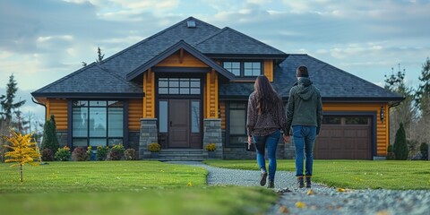 Couple walking towards modern suburban house with green lawn