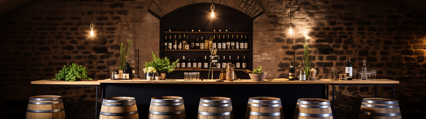 Rustic bar  dark brown and wood tones  cozy speakeasy vibe  autumnal mood.
