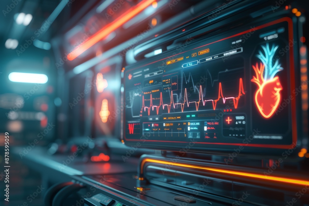 Poster high-tech heart monitor displaying real-time heart rates and diagnostics in modern medical setting
