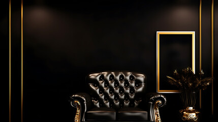 Luxury black leather armchair gold accents dark elegant interior design.
