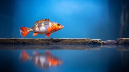 Stunning orange white fish aquatic nature blue background reflection serenity peace.
