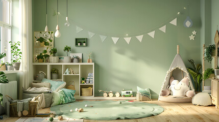 Sage green nursery playroom interior design pastel colors calm peaceful atmosphere
