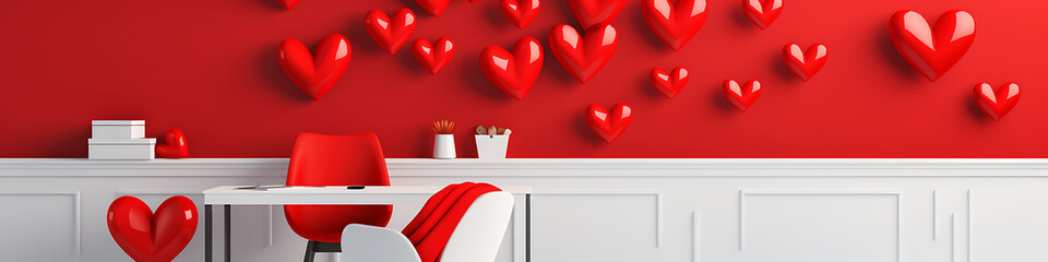 Red hearts on a red wall and white furniture create a romantic and elegant Valentine's Day mood. 
