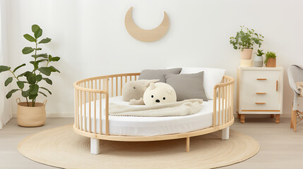 A round wooden crib with white bedding and plush toys, in a minimalist nursery with natural wood and green plants, evokes a sense of tranquility and childhood innocence. 
