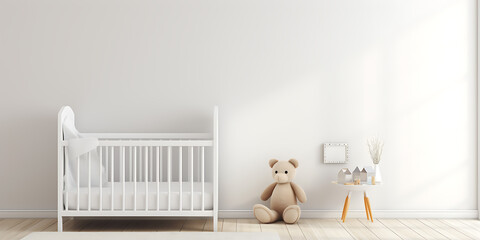 White crib beige teddy minimalist nursery decor baby arrival
