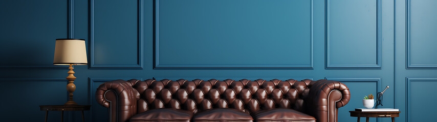 Obraz premium Elegant brown leather chesterfield sofa teal wall interior design luxury home decor. 