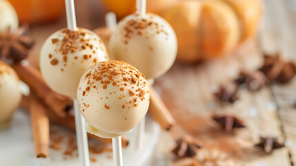 White chocolate cake pops with cinnamon and pumpkin spice, perfect for autumn baking. 

