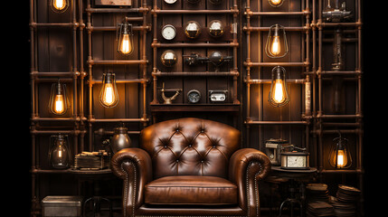 Vintage leather armchair brown dark wood steampunk background warm lighting cozy autumnal feel.
