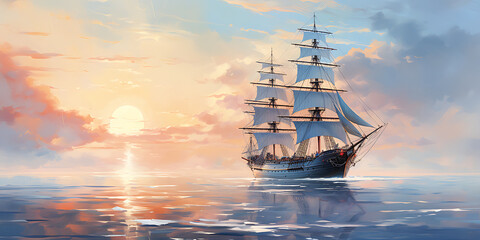 Fototapeta premium A majestic sailboat with white sails and a dark hull, against a backdrop of a vibrant sunset, evokes a sense of adventure and freedom. 