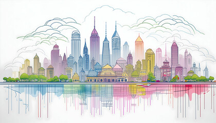Fototapeta premium Abstract Thin stripe cityscape of collection color ink on white paper on Generative AI.