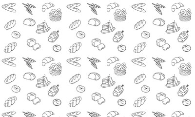 Bakery seamless pattern, food vector background of black white color. Confectionery products thin line icons - cake, croissant, muffin, pastry, cupcake, pie. Cute repeated illustration for sweet shop.