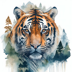 Abstract water colour double exposure front tiger with forest on Generative AI.