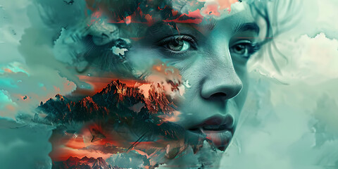 A woman's face and a mountain landscape merge in a teal and orange abstract double exposure, conveying a sense of mystery and inner strength. 
