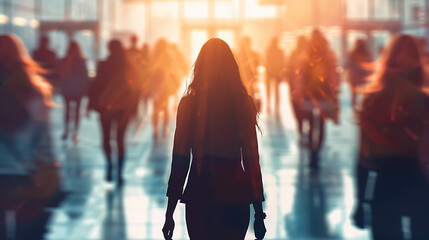 Silhouette of a woman walking towards a bright light in a crowd, conveying hope and optimism. 
