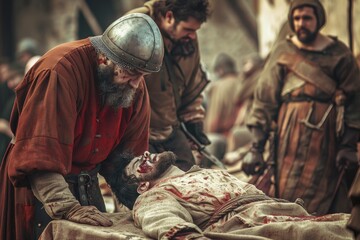 Medieval Battlefield: Healer Tending to Wounded Soldier Amidst Battle Chaos - Historical Art for Posters