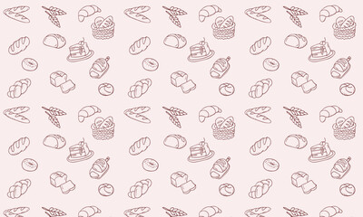 Bakery seamless pattern, food vector background of black white color. Confectionery products thin line icons - cake, croissant, muffin, pastry, cupcake, pie. Cute repeated illustration for sweet shop.