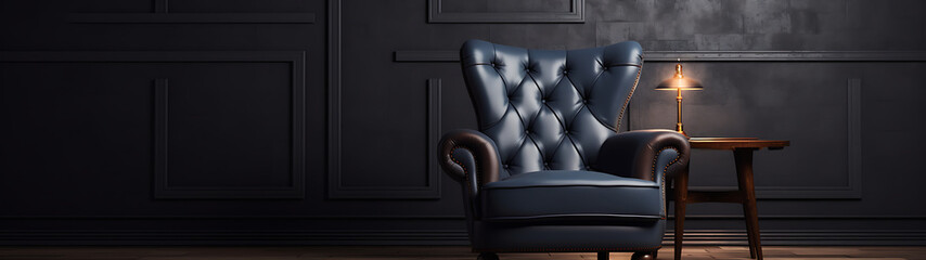 A dark blue leather armchair with gold accents, in a classic interior, perfect for a sophisticated and elegant home design. 
