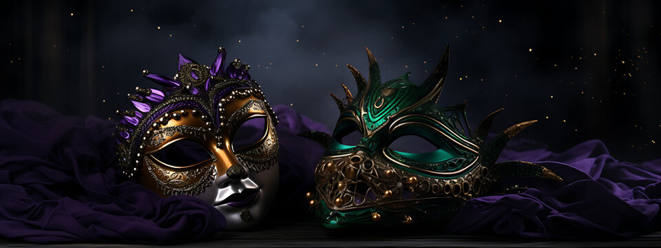 Purple and green masquerade masks on a dark background, for a mysterious and elegant Carnival celebration. 
