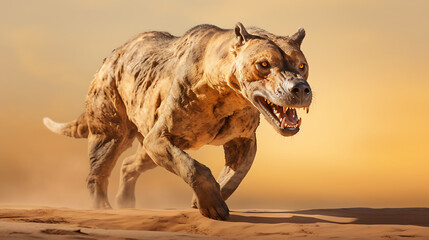 Fototapeta premium A fierce, prehistoric dog with yellow eyes runs through a desert, evoking a sense of danger and primal instinct. 