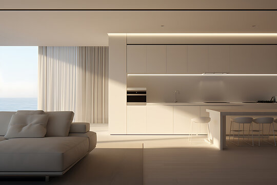 Modern minimalist kitchen with white cabinets and a couch overlooking the sea, conveying a sense of calm and luxury. 
