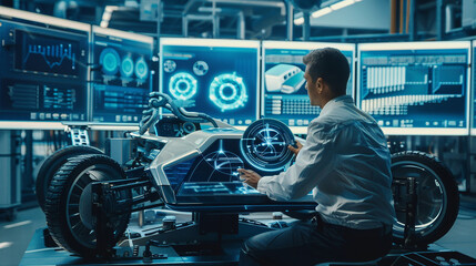 The engineer is analyzing data from the vehicle testing station.