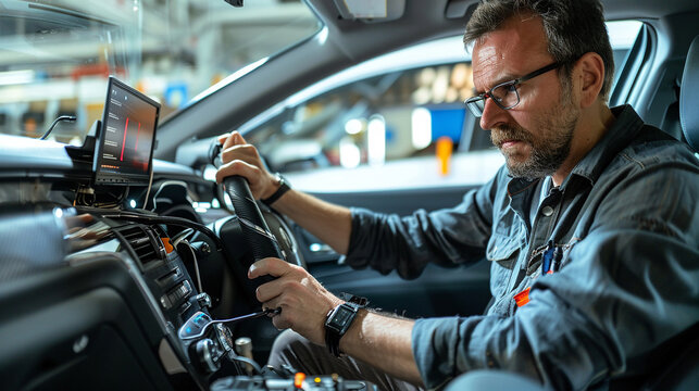 The engineer is calibrating sensors for autonomous vehicles.