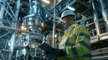 The engineer is conducting a safety audit in the plant.