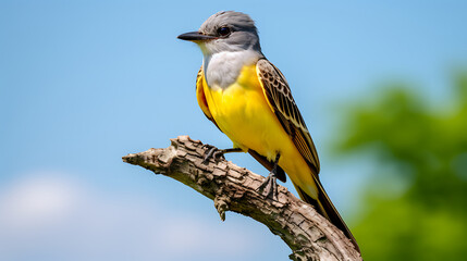Obraz premium A yellow and grey bird perched on a branch against a blue sky, perfect for nature, wildlife, and spring themes. 