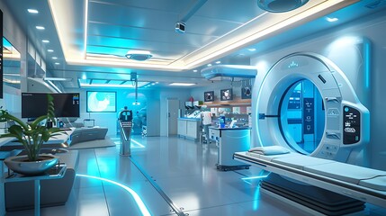 Sleek futuristic veterinary hospital with advanced pet healthcare technology