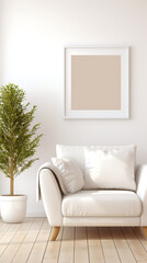 White couch, green plant and beige frame, minimalist living room design, modern interior decor, cozy and relaxing atmosphere. 
